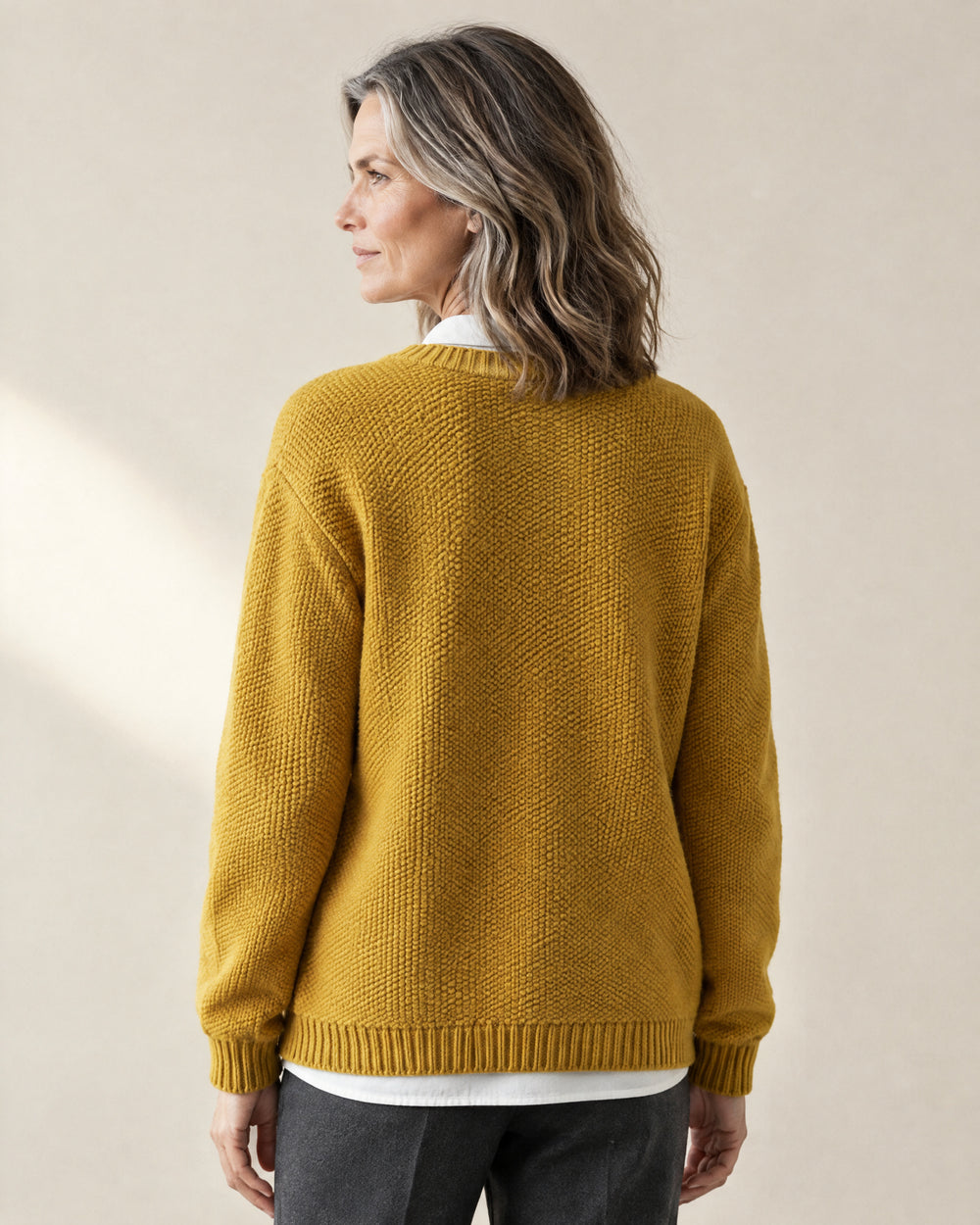 Crew Neck Button-Through Cardigan, back view, worn