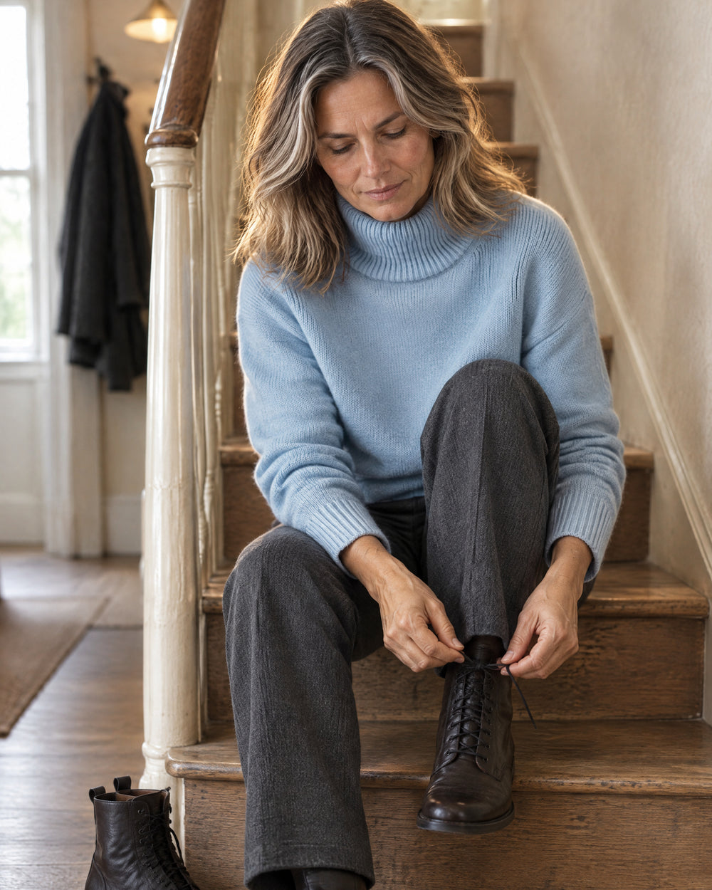 Sky Blue Cotton Roll Neck Jumper, worn at home
