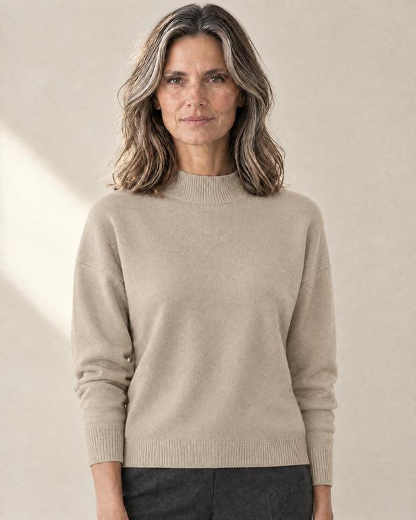 Fine-Knit Funnel Neck Jumper in Beige