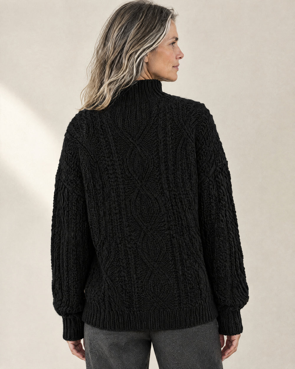 Chunky Cable Knit Mock Neck Jumper, back view, worn