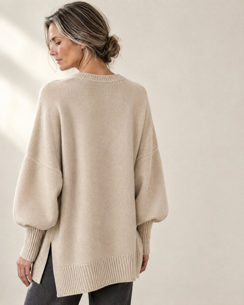 Oversized Longline Crew Jumper, back view, worn