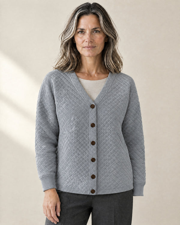 Quilted V-Neck Button Cardigan in Grey