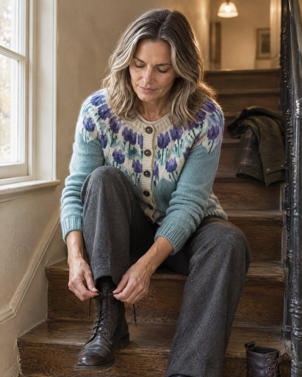 Floral Yoke Button Cardigan, worn at home