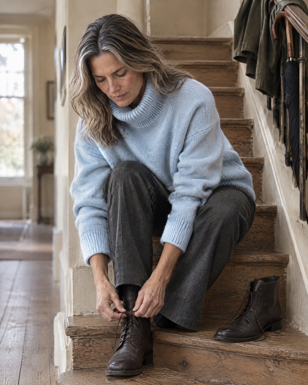 Slouchy Roll Neck Jumper, worn at home