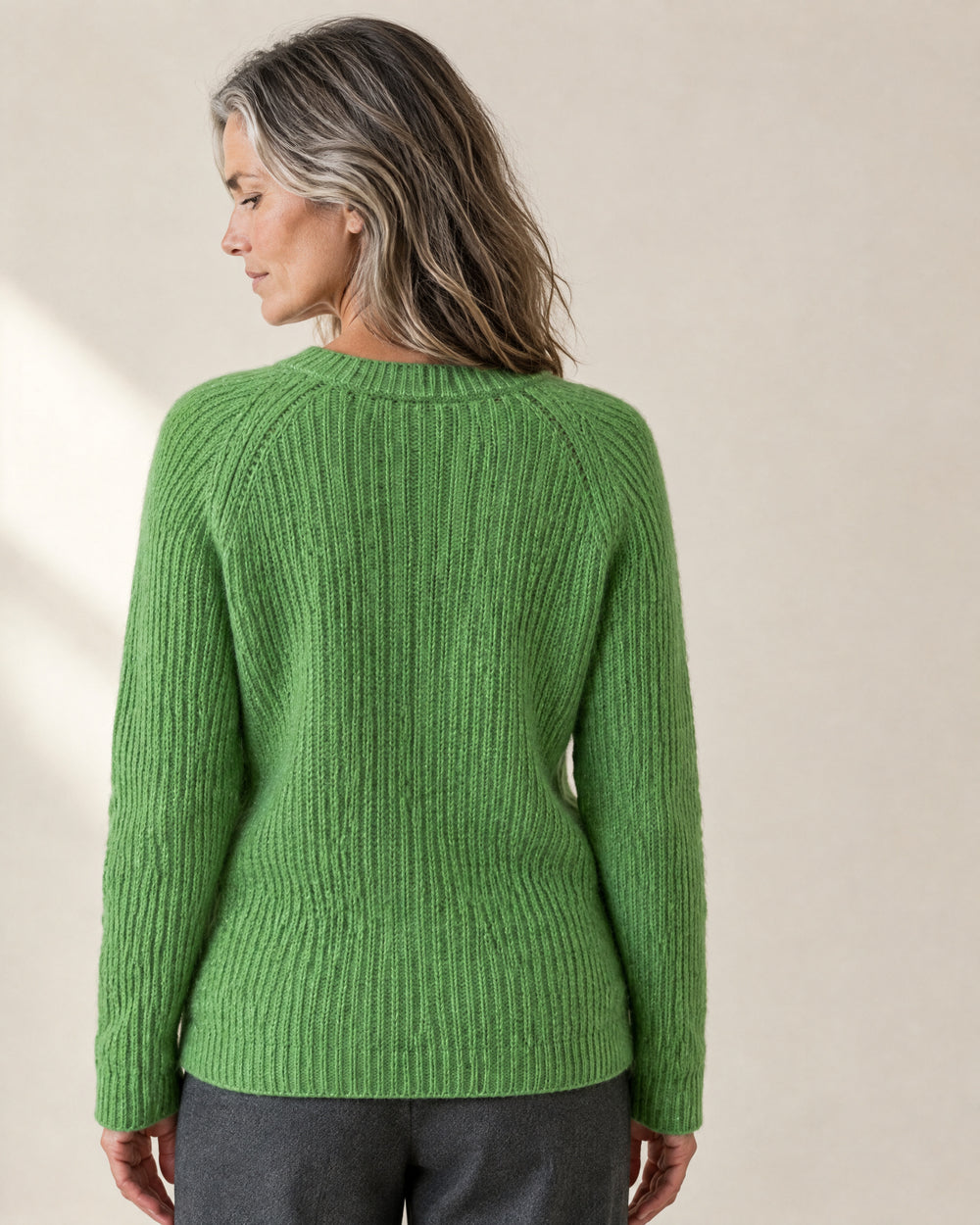 Sheep Motif Crew Neck Jumper, back view, worn