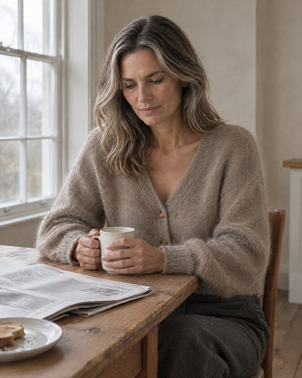 Brushed V-Neck Button Cardigan, worn at home