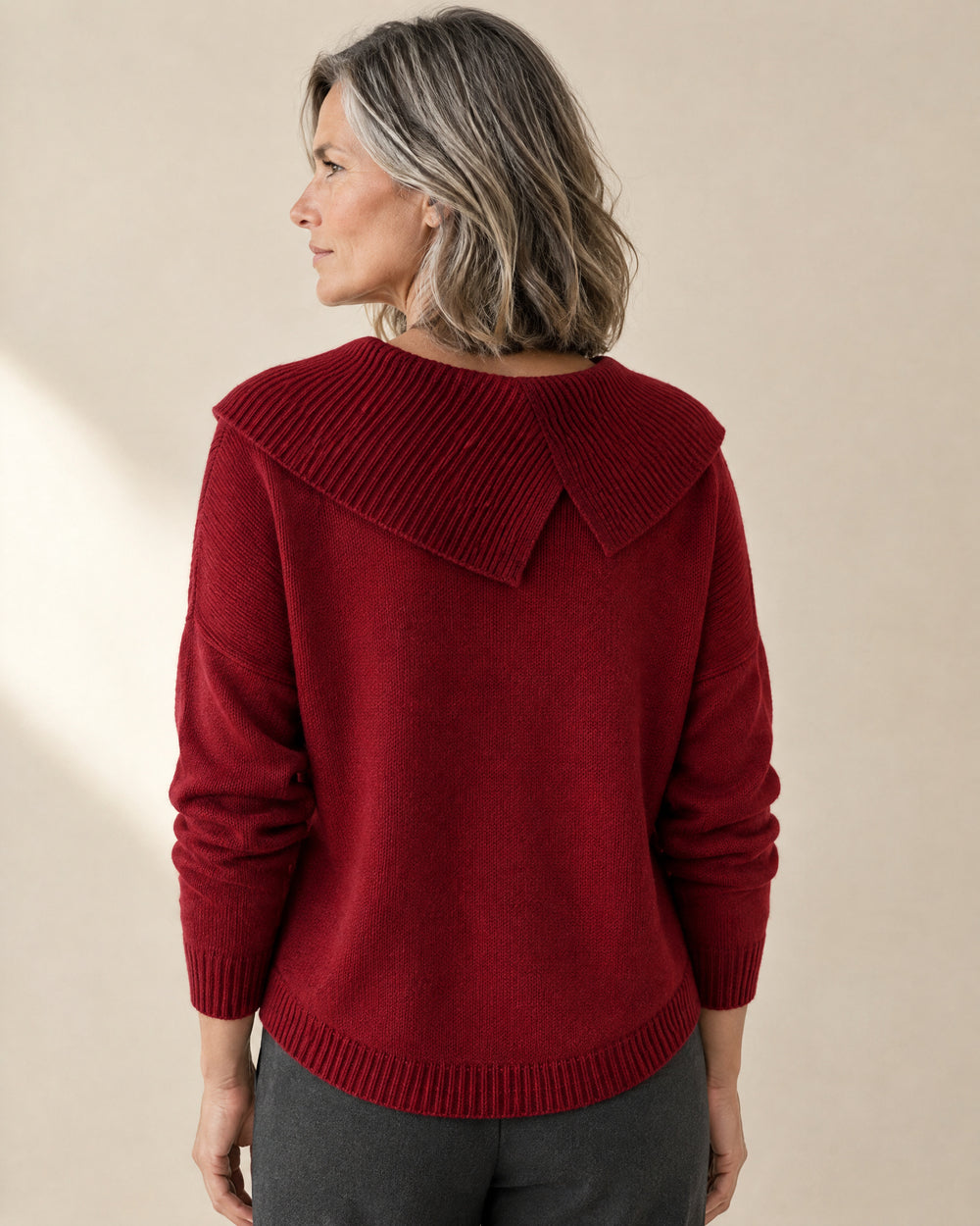 Fold-Over Collar Jumper, back view, worn