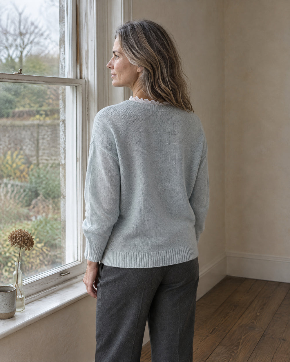 Lace-Trim V-Neck Jumper, worn at home